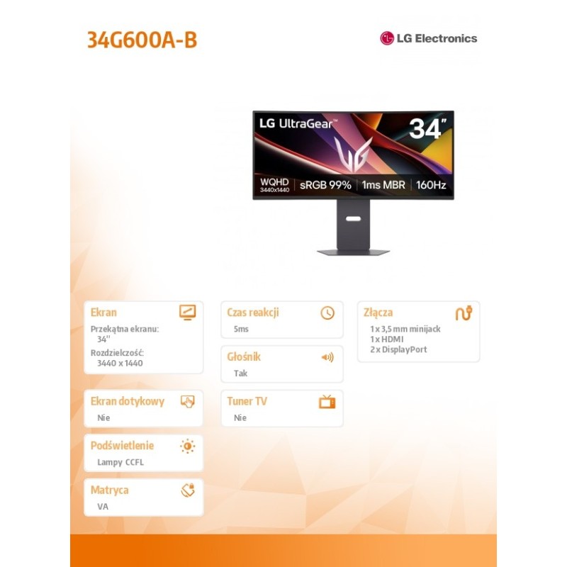 Monitor LG 34" UltraGear 34G600A-B Curved VA WQHD 160Hz 2xHD… | PartsPC.pl