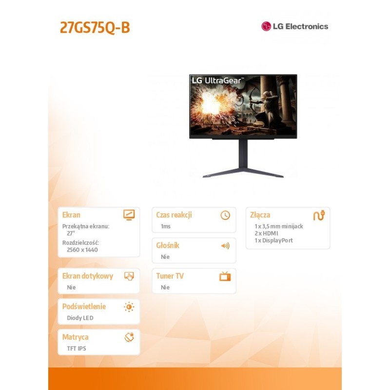 Monitor LG 27" UltraGear 27GS75Q-B IPS QHD 200Hz 2xHDMI DP… | PartsPC.pl