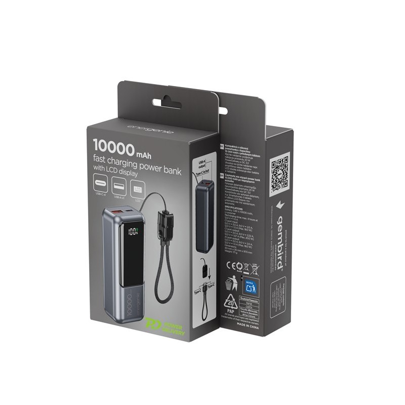 PowerBank LCD 10000mAh QC3.0 20W szary | PartsPC.pl