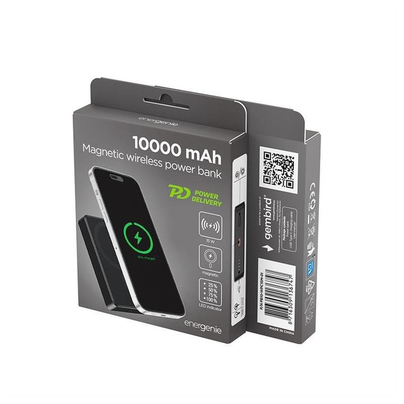 PowerBank 10000mAh 1xUSB-C PD 20W bezprzewodowy 15W czarny | PartsPC.pl