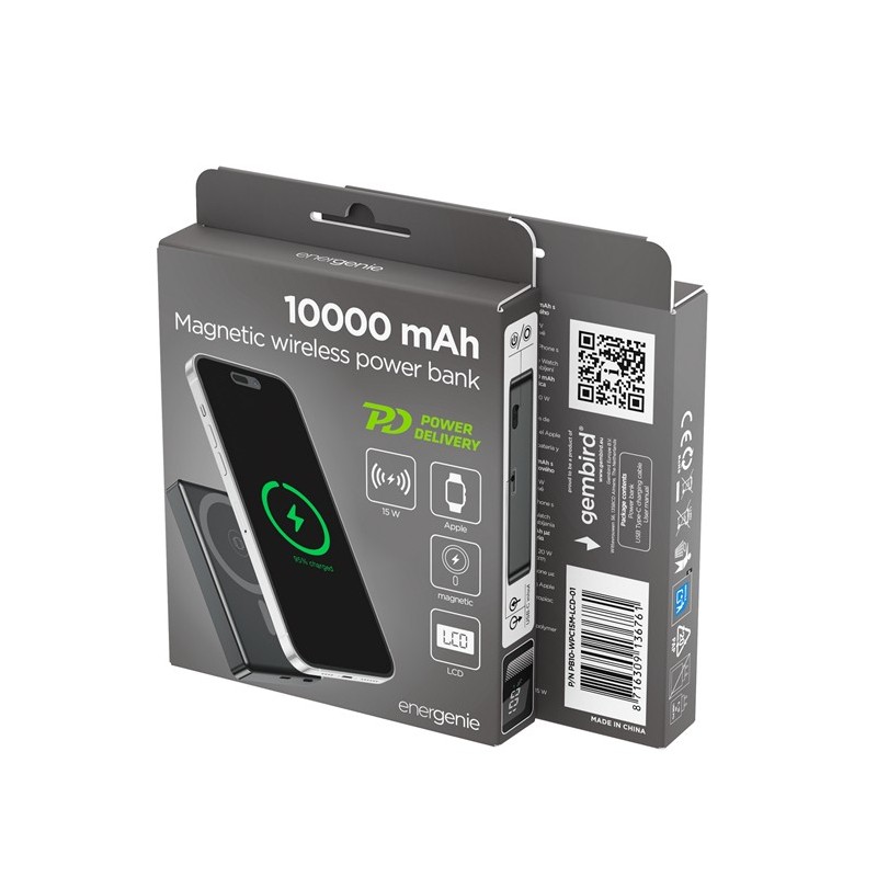 PowerBank 10000mAh LCD 1xUSB-C 20W bezprzewodowy 15W czarny | PartsPC.pl
