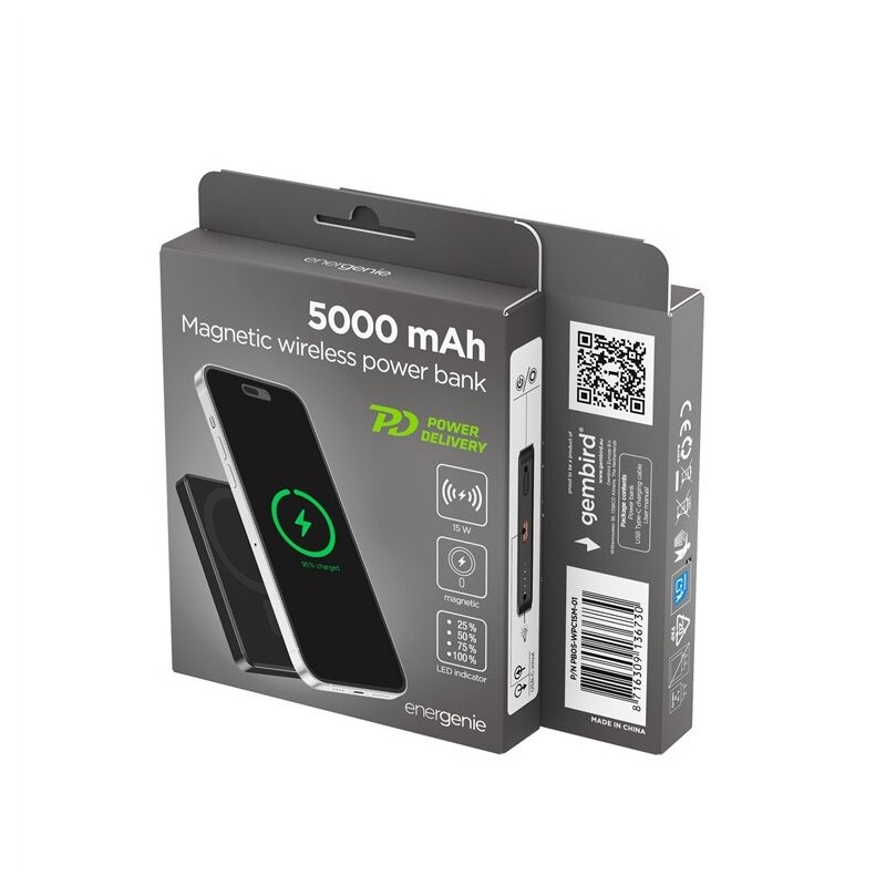 PowerBank bezprzewodowy, magnetyczny 5000mAh 15W czarny | PartsPC.pl