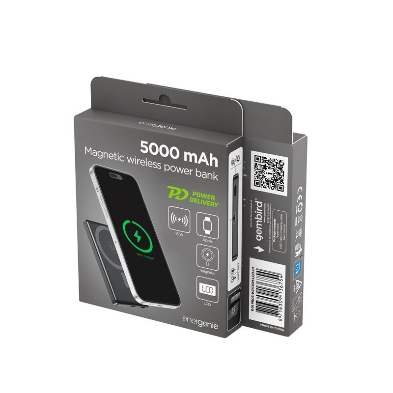 PowerBank bezprzewodowy, magnetyczny, LCD 5000mAh 15W czarny | PartsPC.pl
