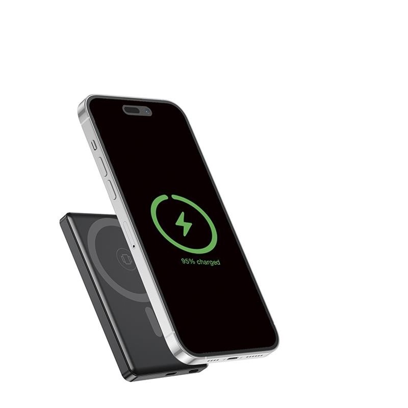 PowerBank bezprzewodowy, magnetyczny, LCD 5000mAh 15W czarny | PartsPC.pl