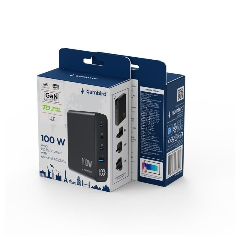 Ładowarka uniwersalna GaN 100W LCD 3xUSB-C 1xUSB-A czarna | PartsPC.pl