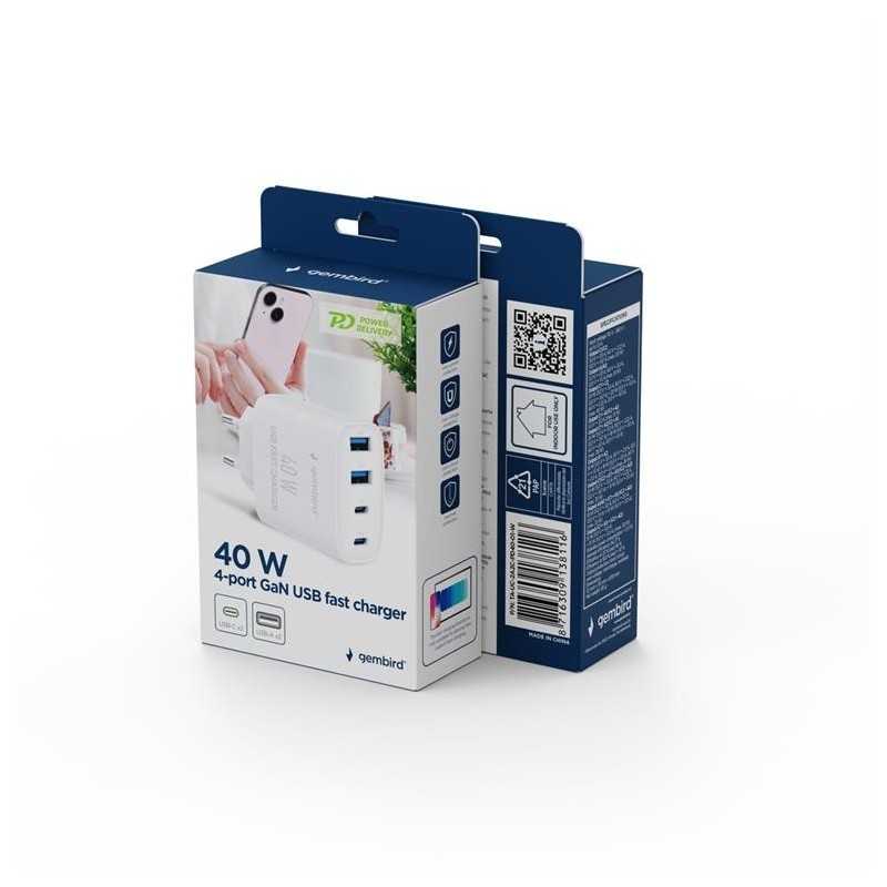 Ładowarka uniwersalna GaN 40W LCD 3xUSB-C 1xUSB-A biała | PartsPC.pl