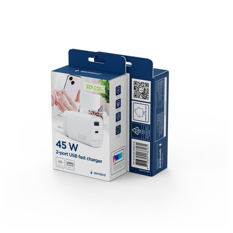 Ładowarka uniwersalna 1xUSB-C/A QC 3.0 PD 45W biała | PartsPC.pl