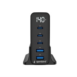 Ładowarka uniwersalna GaN 140W LCD 3xUSB-C 2xUSB-A czarna | PartsPC.pl