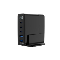 Ładowarka uniwersalna GaN 140W LCD 3xUSB-C 2xUSB-A czarna | PartsPC.pl