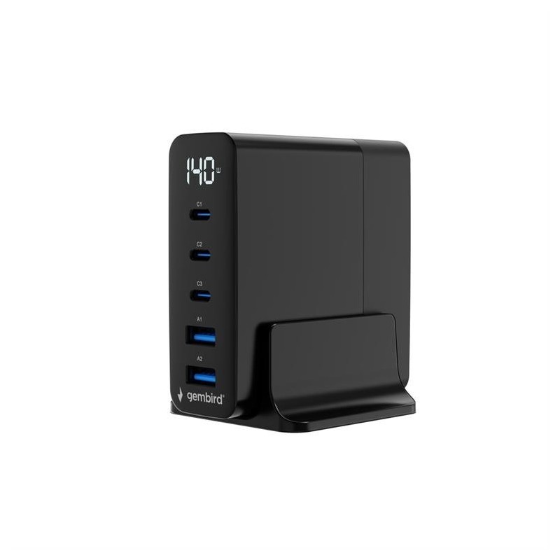 Ładowarka uniwersalna GaN 140W LCD 3xUSB-C 2xUSB-A czarna | PartsPC.pl