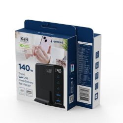 Ładowarka uniwersalna GaN 140W LCD 3xUSB-C 2xUSB-A czarna | PartsPC.pl