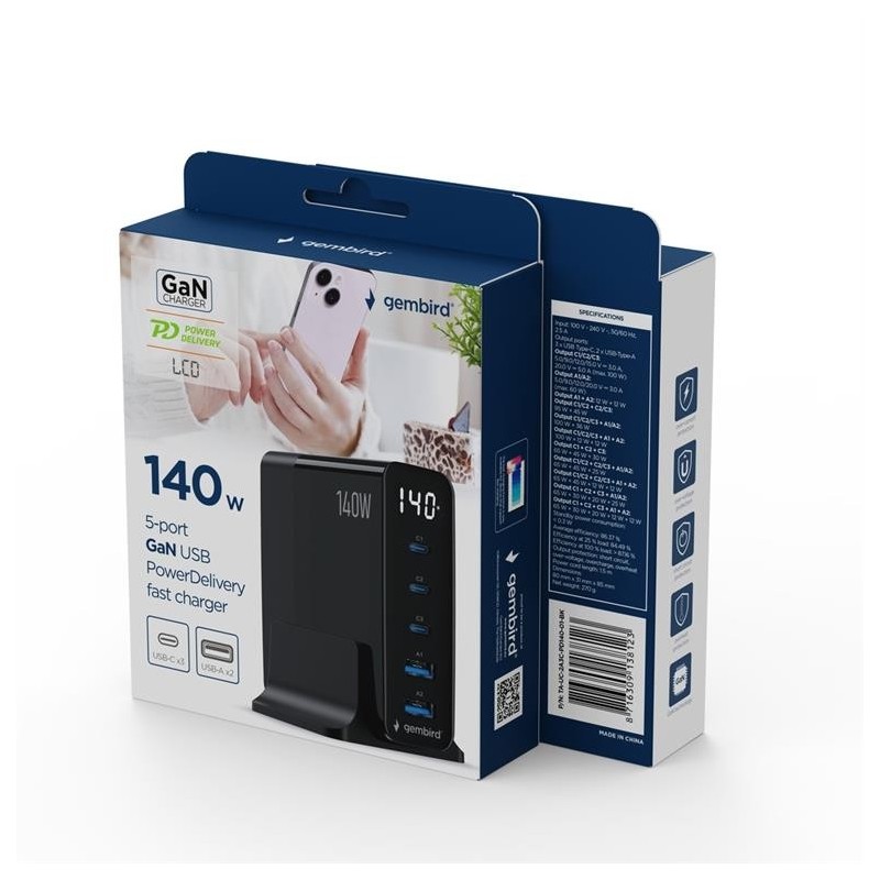 Ładowarka uniwersalna GaN 140W LCD 3xUSB-C 2xUSB-A czarna | PartsPC.pl