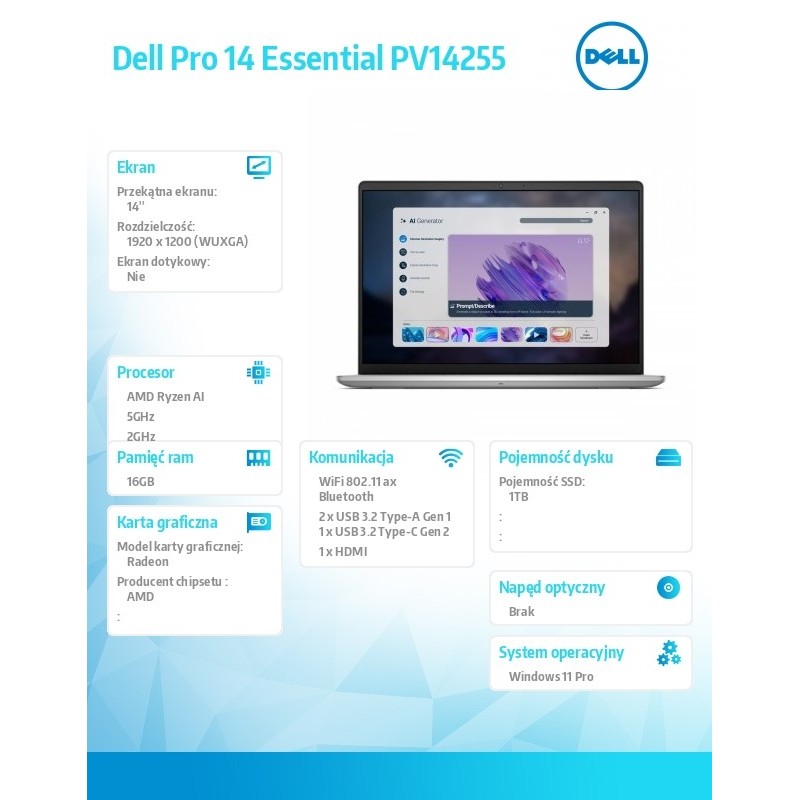 Laptop Dell Pro 14 Essential PV14255 W11P Ryzen AI 7 350|16G… | PartsPC.pl
