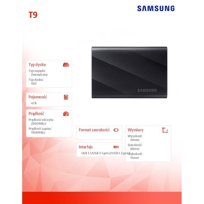 Dysk SSD zewnętrzny Samsung T9 Portable 4TB (2000/1950 MB/s) USB 3.2 Black