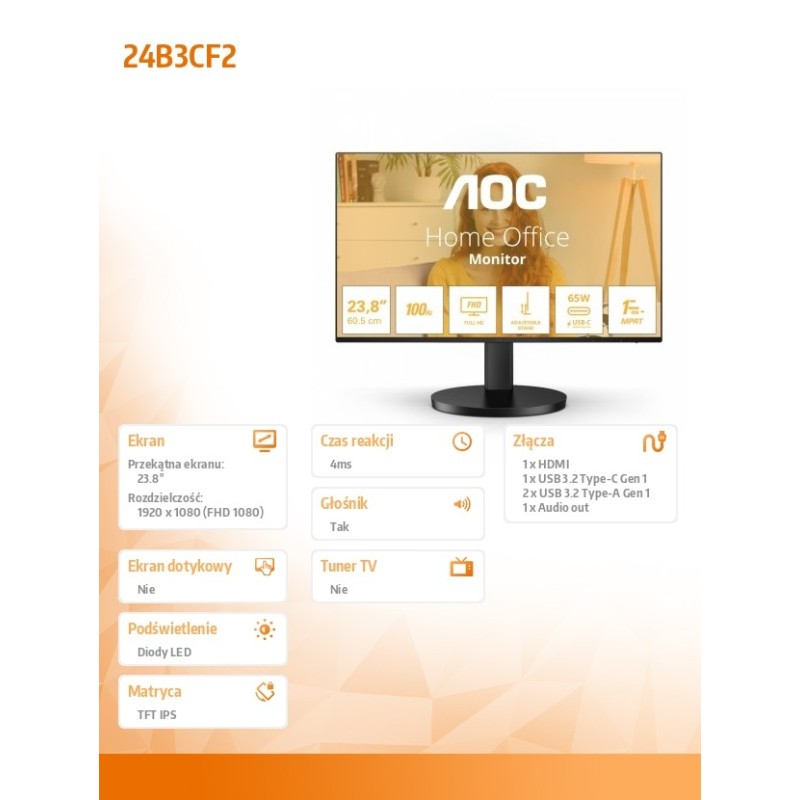 Monitor AOC 23,8" 24B3CF2 HDMI 3xUSB głośniki 2x2W | PartsPC.pl