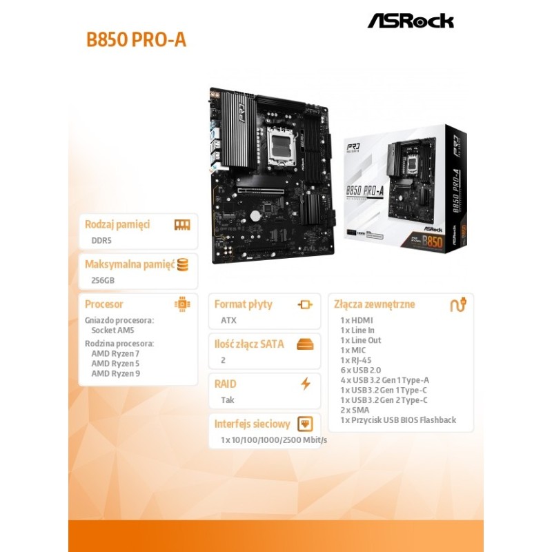 ASRock Płyta główna B850 PRO-A AM5 4DDR5 ATX | PartsPC.pl