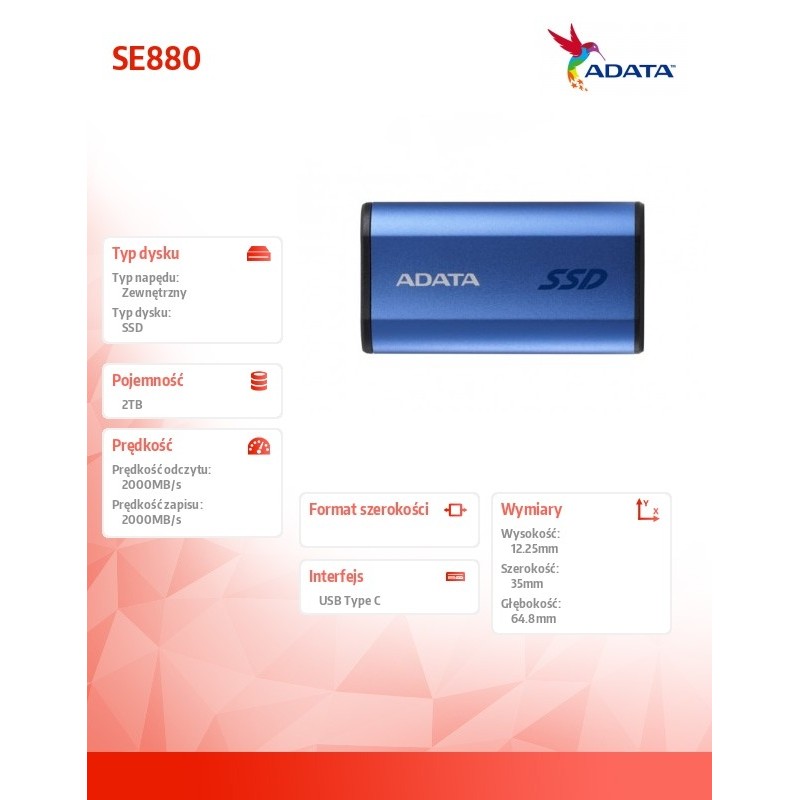 Adata Dysk zewnętrzny SSD SE880 2TB USB3.2A/C Gen2x2 Niebies… | PartsPC.pl