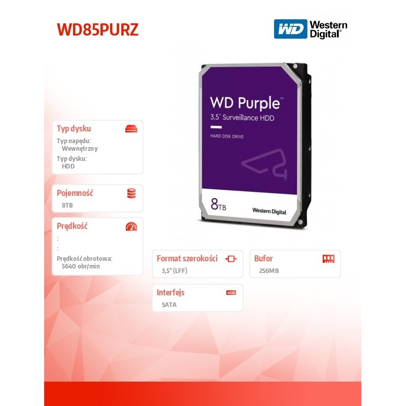Dysk WD Purple™ WD85PURZ 8TB 3.5" 5640 256MB SATA III | PartsPC.pl