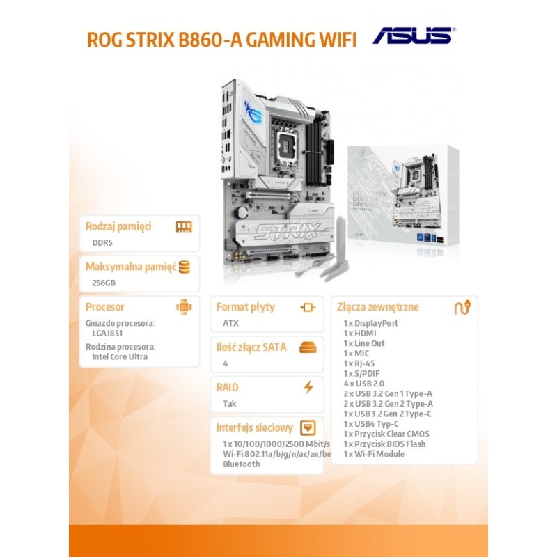 Asus Płyta główna ROG STRIX B860-A GAMING WIFI s1851 4DDR5 U… | PartsPC.pl