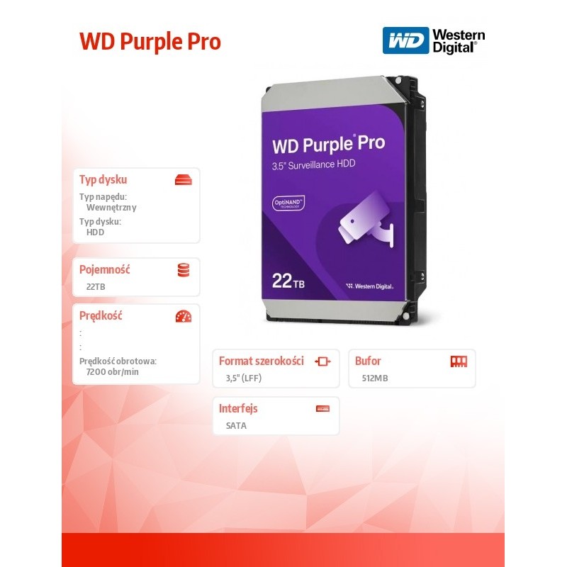 Dysk WD Purple™ Pro WD221PURP 22TB 3.5" 7200 512MB SATA III… | PartsPC.pl