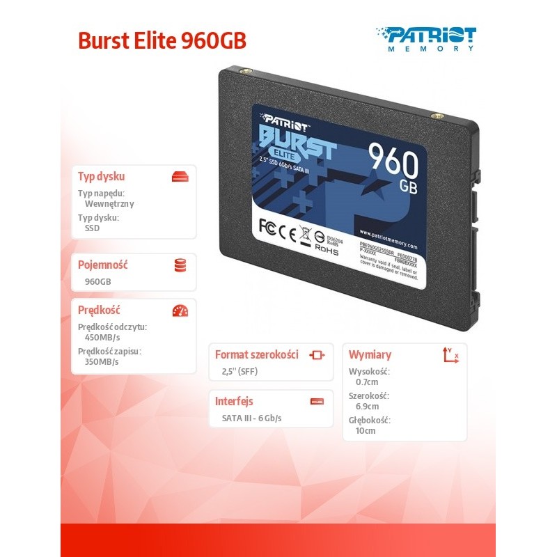 Dysk SSD Patriot Burst Elite 960GB SATA3 2,5" (450/320 MB/s) 7mm