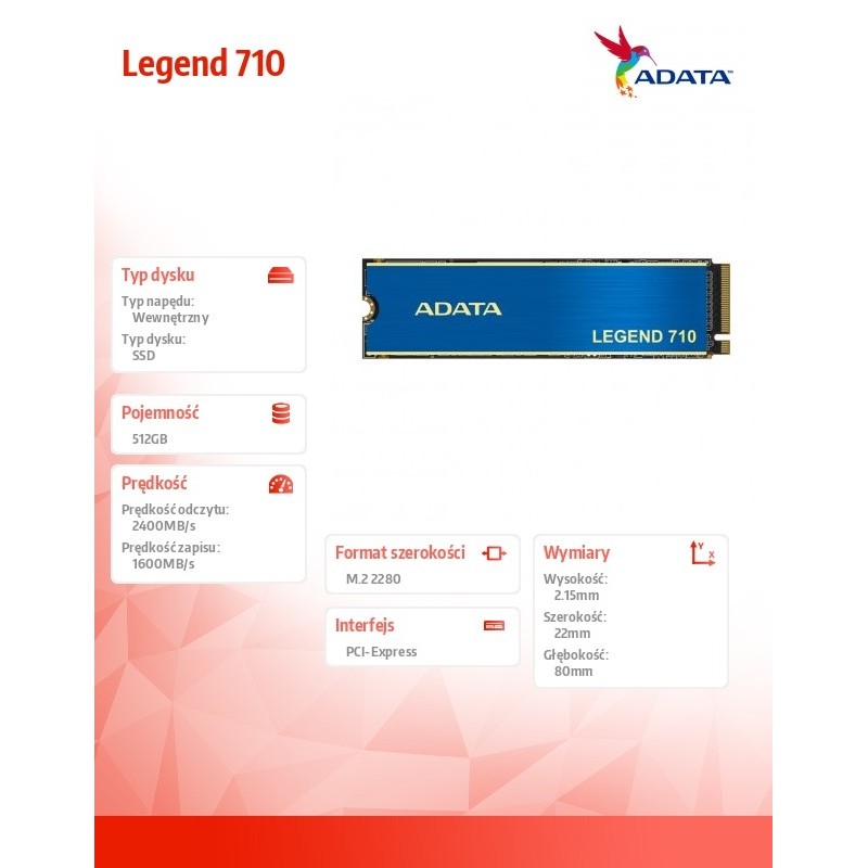 Adata Dysk SSD Legend 710 512GB PCIe 3x4 2.4/1.6 GB/s M2 | PartsPC.pl