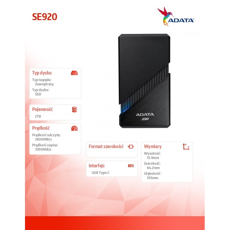 Adata Dysk zewnętrzny SSD External SE920 2TB USB4C 3800/3700… | PartsPC.pl