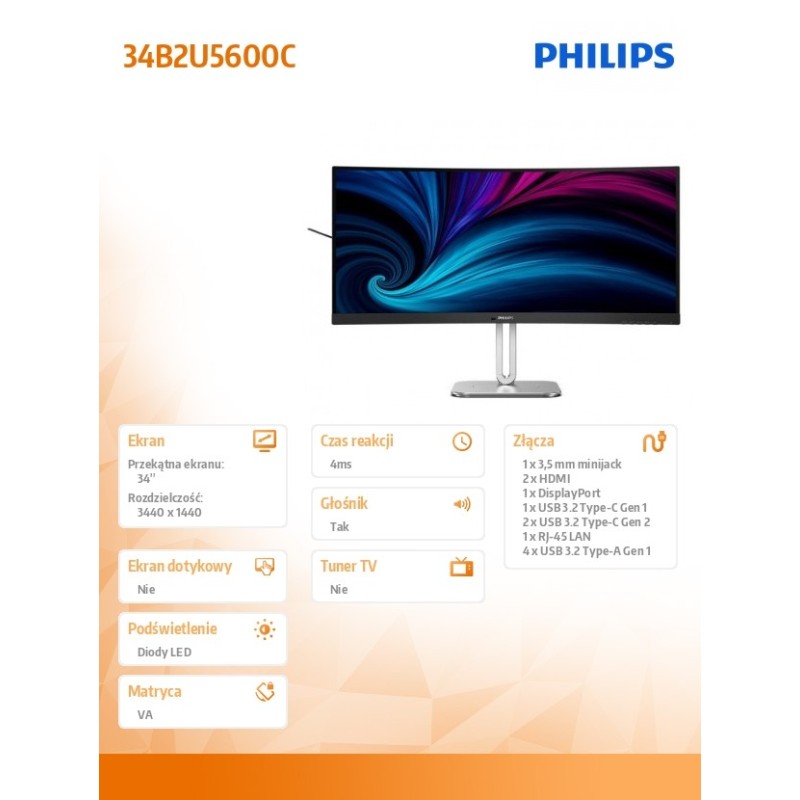 Monitor Philips 34" 34B2U5600C/00 2xHDMI DP 7xUSB głośniki