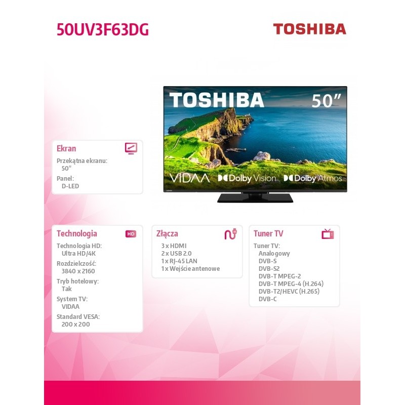 Toshiba Telewizor LED 50 cali 50UV3F63DG | PartsPC.pl