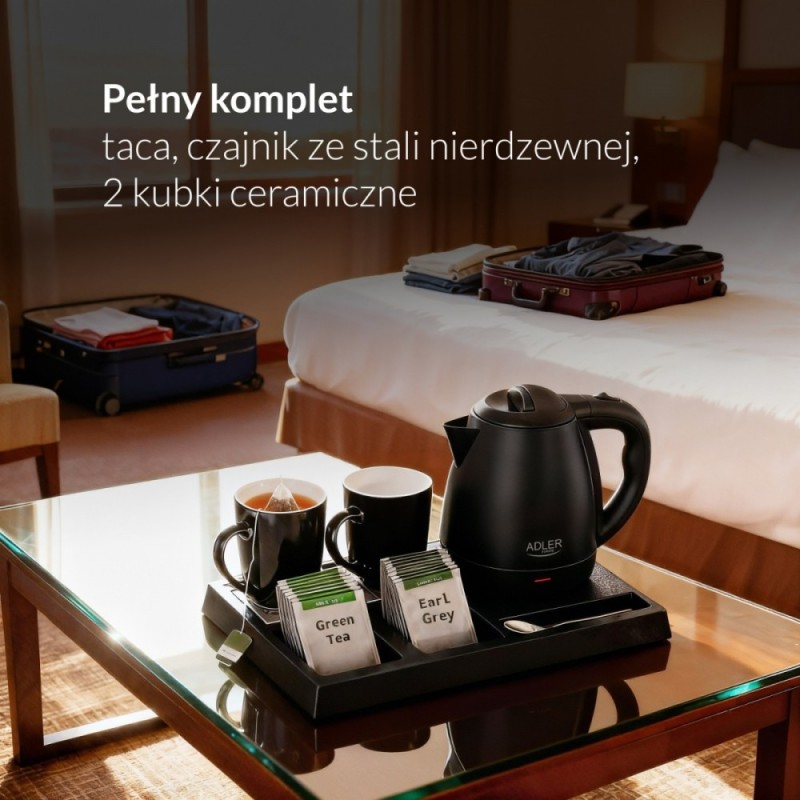 Czajnik hotelowy AD 1387 z tacką z 2 kubkami 1l, inox | PartsPC.pl