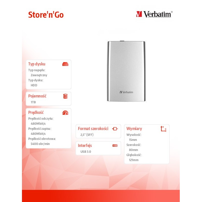 Dysk zewnętrzny Verbatim 1TB Store 'n' Go 2.5" srebrny USB 3… | PartsPC.pl