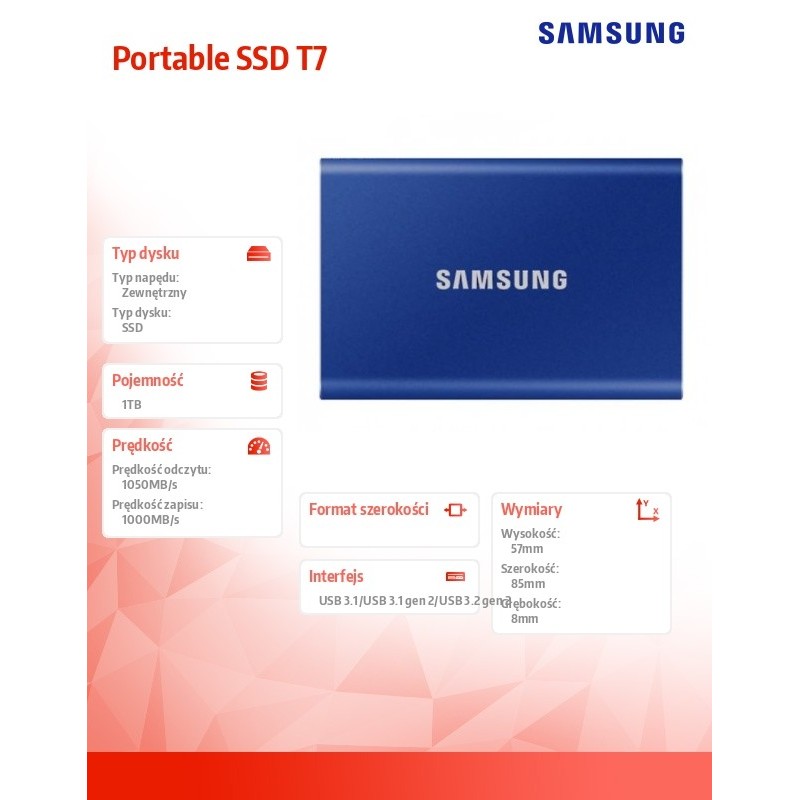 Dysk SSD zewnętrzny Samsung T7 Portable 1TB (1050/1000 MB/s) USB 3.1 Blue