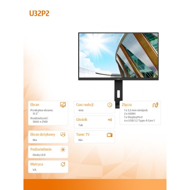 Monitor AOC 31,5" U32P2 2xHDMI DP 4xUSB 3.1 głośniki | PartsPC.pl