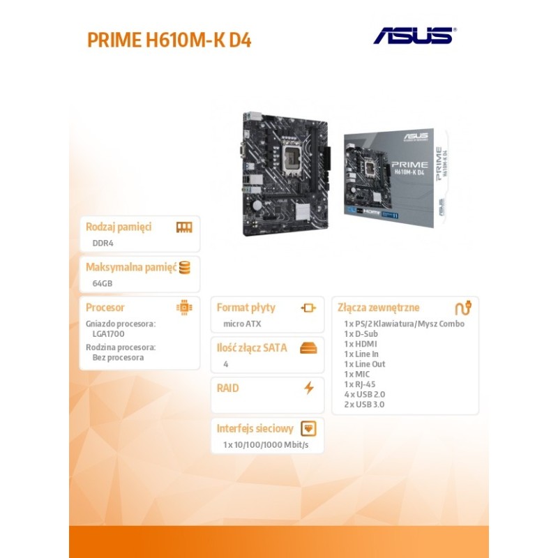 Płyta Asus PRIME H610M-K D4 /H610/DDR4/SATA3/M.2/USB3.0/PCIe… | PartsPC.pl