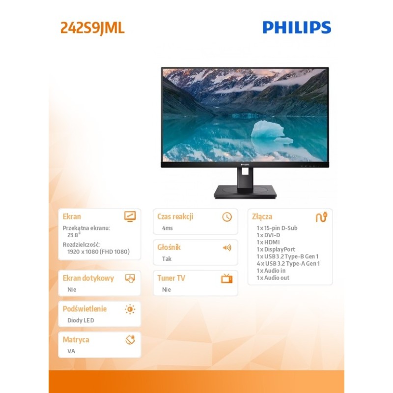 Monitor Philips 23,8" 242S9JML/00 VGA HDMI DP głośniki | PartsPC.pl