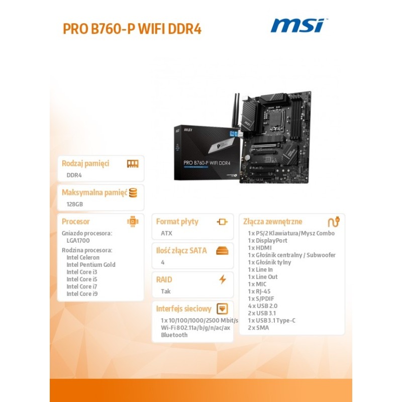 Płyta MSI PRO B760-P WIFI DDR4 - INTEL Socket 1700 | PartsPC.pl