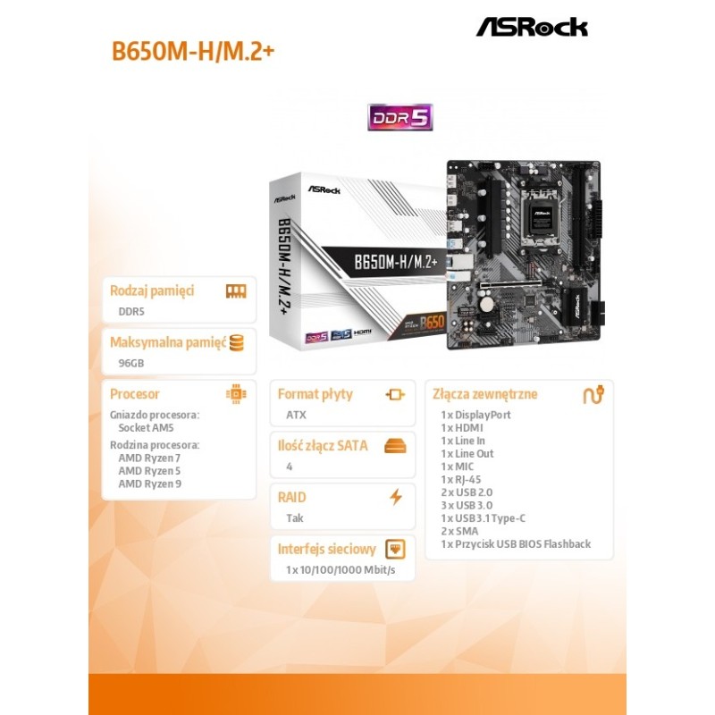 Płyta ASrock B650M-H/M.2+ /AMD B650/DDR5/SATA3/M.2/USB3.0/PC… | PartsPC.pl