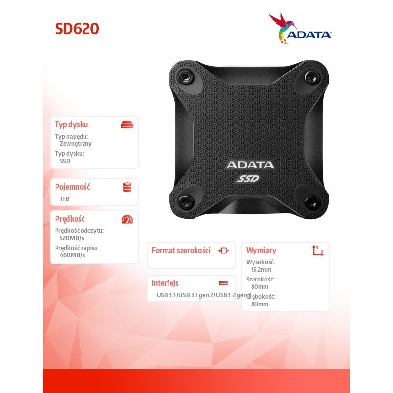 Adata Dysk zewnętrzny SSD SD620 1TB U3.2A 520/460 MB/s czarn… | PartsPC.pl