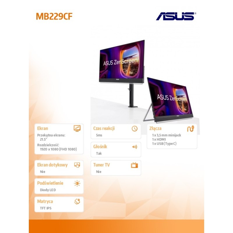 Monitor Asus 21,5" ZenScreen MB229CF Portable HDMI USB... | PartsPC.pl
