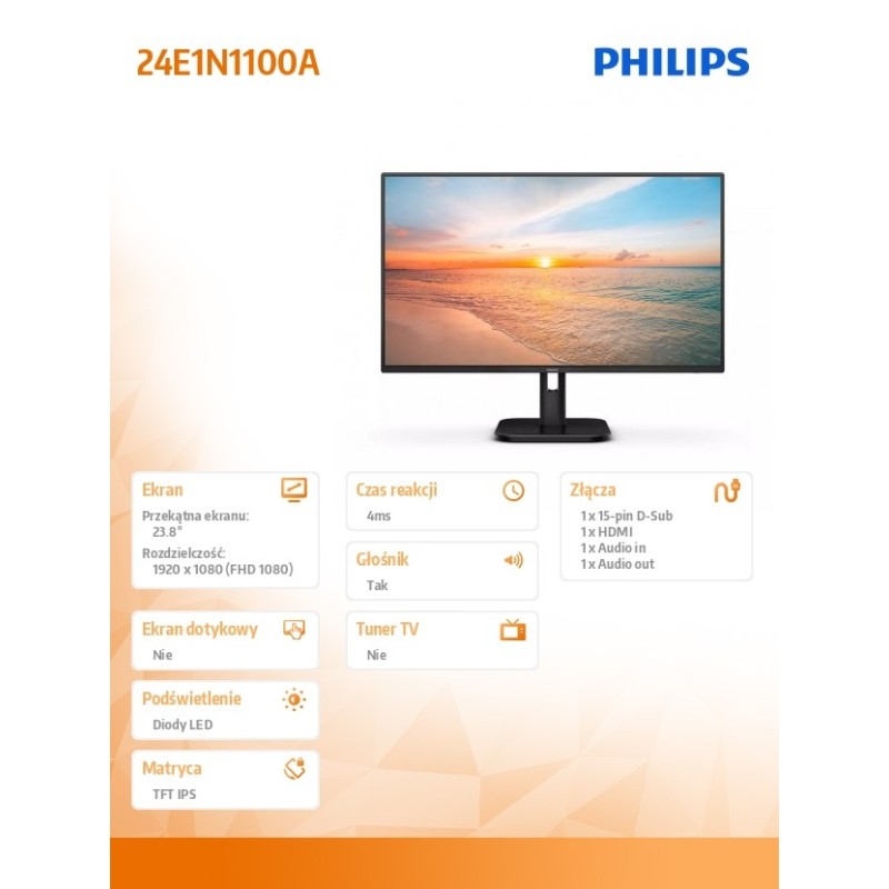 Monitor Philips 23,8" 24E1N1100A/00 HDMI VGA głośniki 2x2W… | PartsPC.pl