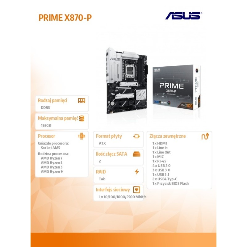 Płyta Asus PRIME X870-P /AMD X870/DDR5/SATA3/M.2/PCIe5.0/AM5… | PartsPC.pl
