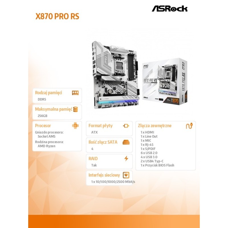 Płyta ASrock X870 PRO RS /AMD X870/DDR5/SATA3/M.2/USB4/PCIe5… | PartsPC.pl