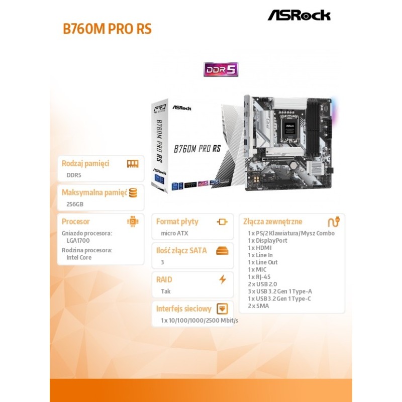 Płyta ASRock B760M PRO RS /B760/DDR5/SATA3/M.2/USB3.0/PCIe5.… | PartsPC.pl