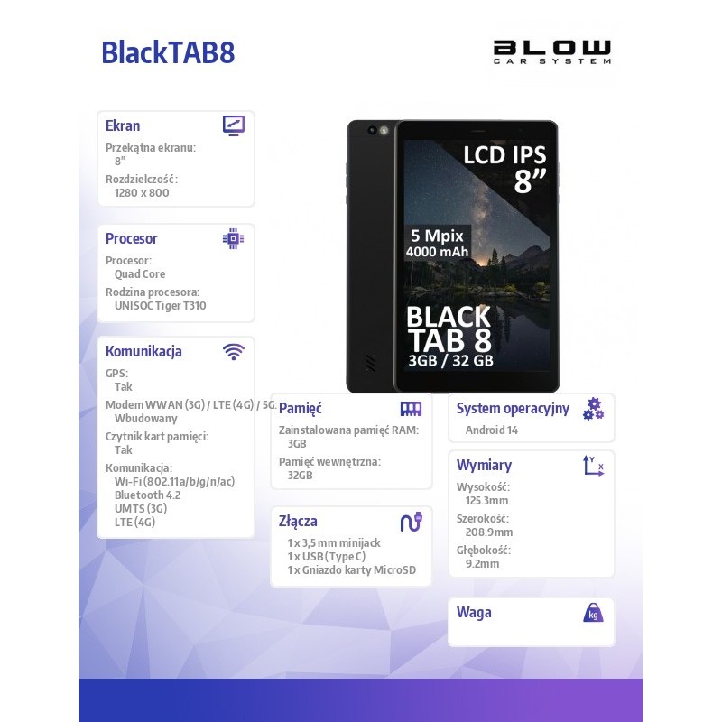 BLOW Tablet BlackTAB8 3/32GB 4G LTE 8 cali Czarny | PartsPC.pl