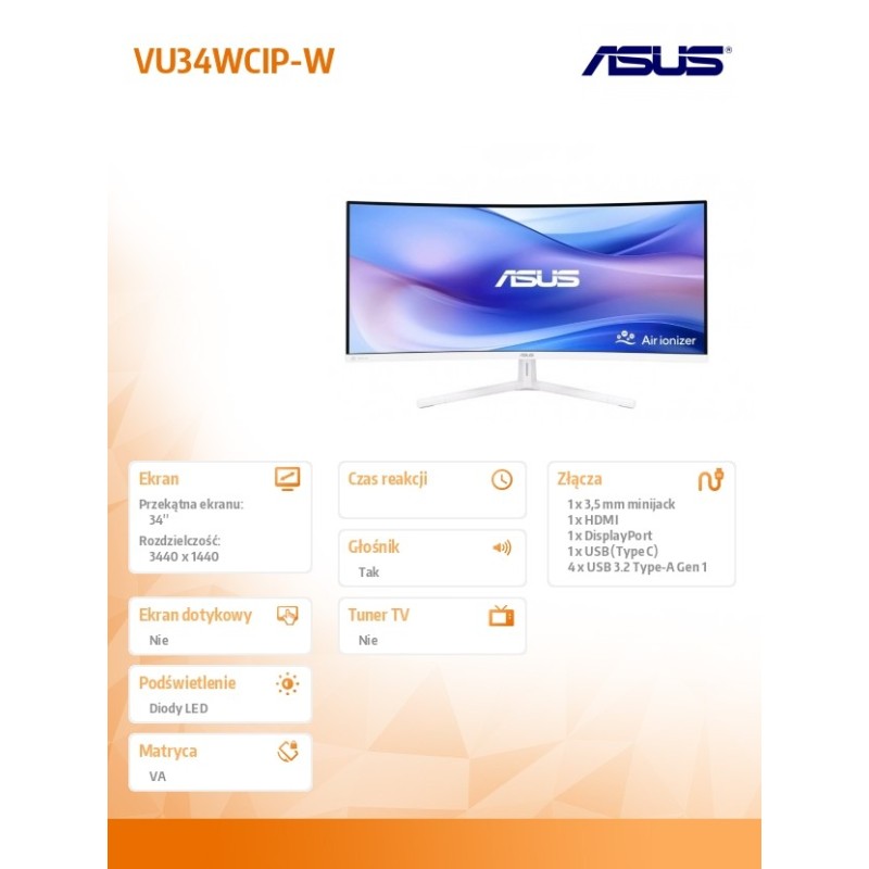 Asus Monitor VU34WCIP-W EYE CAR WQHD 100Hz USB-C | PartsPC.pl