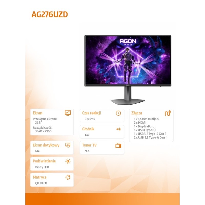 Monitor AOC 27" AG276UZD QD-OLED 4K UHD 240Hz 2xHDMI DP HUB … | PartsPC.pl