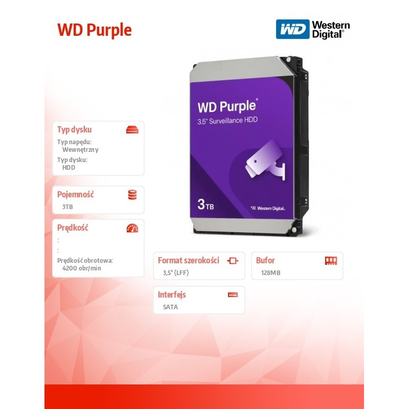 Dysk WD Purple™ WD34PURZ 3TB 3.5" 5400 128MB SATA III | PartsPC.pl