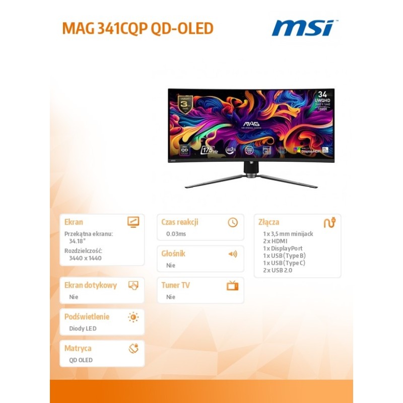 Monitor MSI 34" MAG 341CQP QD-OLED 2xHDMI DP 4xUSB | PartsPC.pl
