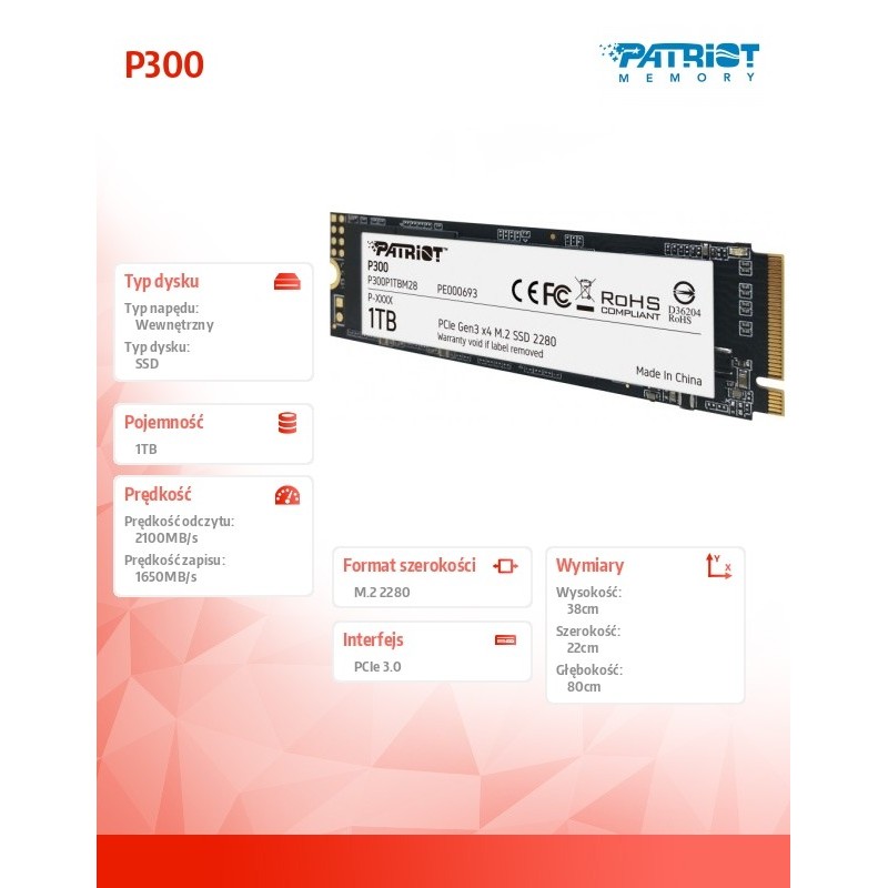 Dysk SSD Patriot P300 1TB M.2 2280 PCIe NVMe (2100/1650 MB/s… | PartsPC.pl
