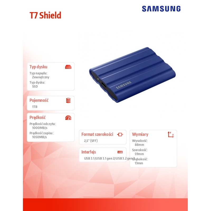 Dysk SSD zewnętrzny Samsung T7 Shield 1TB (1050/1000 MB/s) USB 3.1 Blue